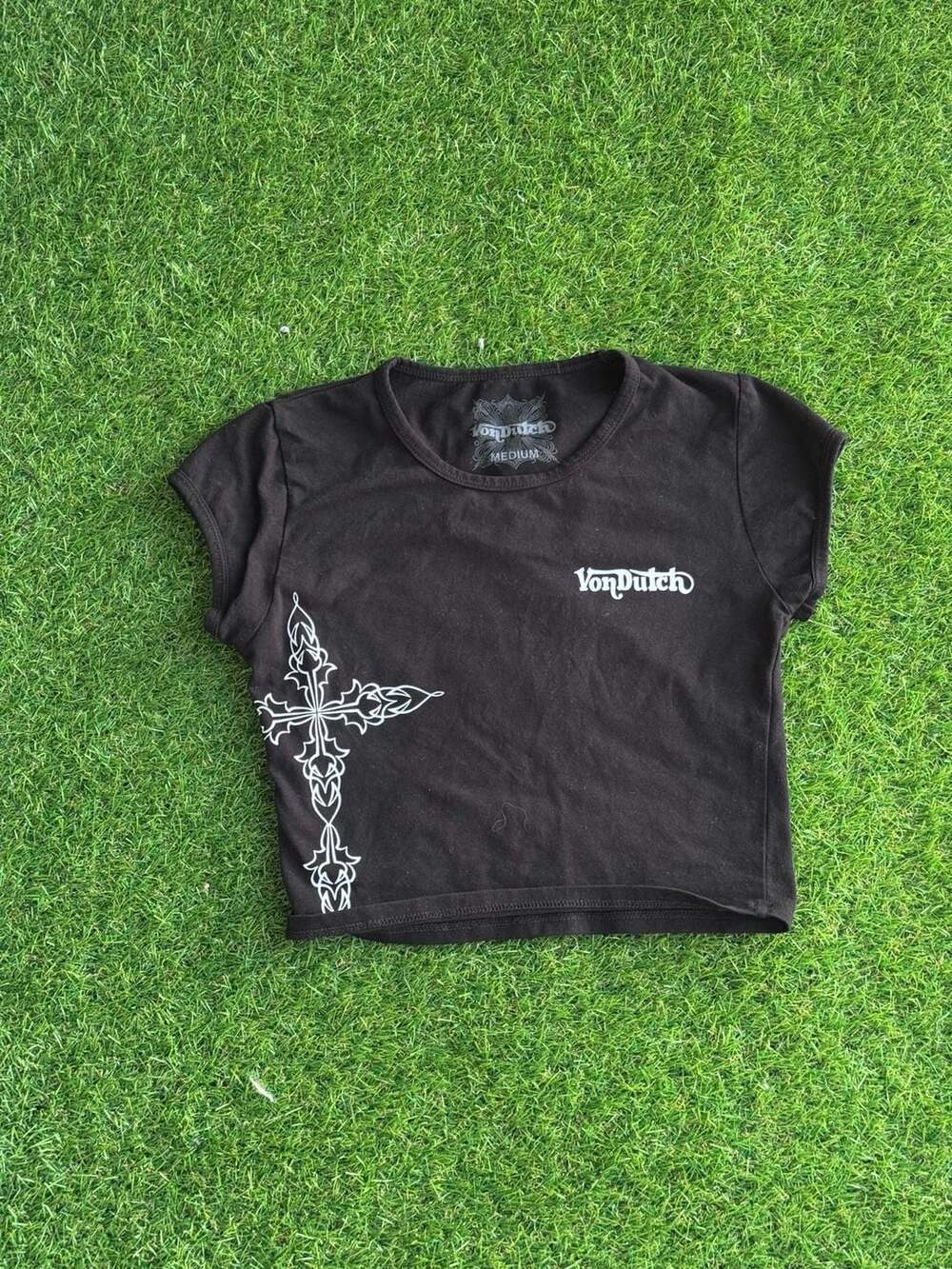 Von Dutch Black Cropped Baby Tee with Side Cross Graphic